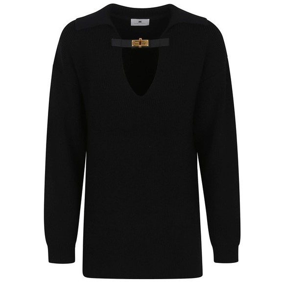 Elisabetta Franchi Wool Blend Sweater With Wide V-Neck And Amber Detail - NWT